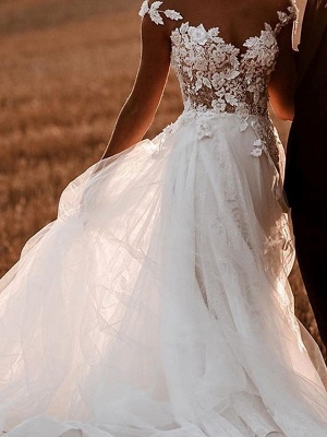 A-Line Wedding Dresses Jewel Neck Sweep \ Brush Train Lace Tulle Short Sleeve Sexy See-Through_3