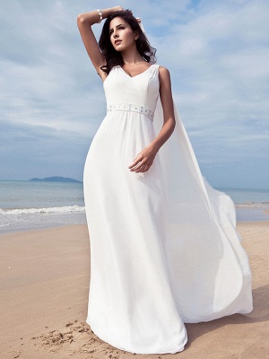Sheath \ Column Wedding Dresses V Neck Floor Length Chiffon Regular Straps Simple Beach Plus Size_5