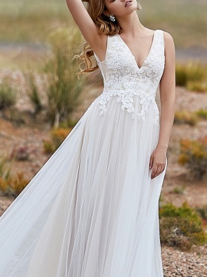 A-Line Wedding Dresses V Neck Sweep \ Brush Train Lace Tulle Sleeveless Vintage Sexy Wedding Dress in Color Backless_3