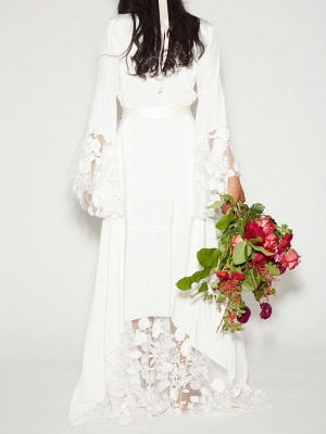 A-Line Plunging Neck Sweep \ Brush Train Polyester Long Sleeve Casual Plus Size Wedding Dresses_2