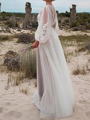 A-Line Wedding Dresses Jewel Neck Floor Length Tulle Long Sleeve Romantic Beach Boho See-Through Illusion Sleeve_2
