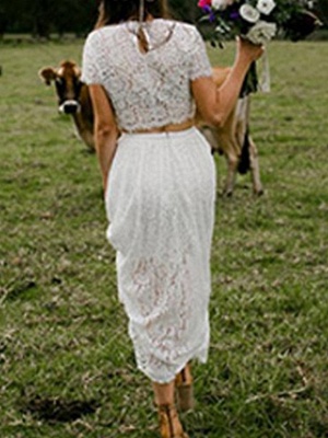 Two Piece A-Line Wedding Dresses Jewel Neck Ankle Length Lace Short Sleeve Beach Boho_2