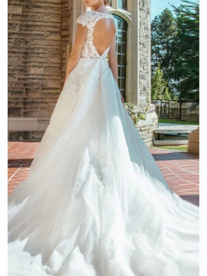 A-Line V Neck Court Train Lace Cap Sleeve Wedding Dresses_2