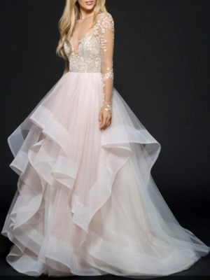 A-Line Wedding Dresses V Neck Floor Length Lace Tulle Long Sleeve Illusion Sleeve_1
