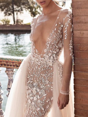 Two Piece A-Line Wedding Dresses Plunging Neck Sweep \ Brush Train Lace Tulle Sleeveless Beach Sexy See-Through Backless_3