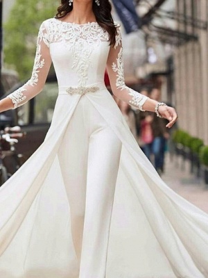 Two Piece Jumpsuits A-Line Wedding Dresses Jewel Neck Court Train Polyester Long Sleeve Formal Plus Size_1