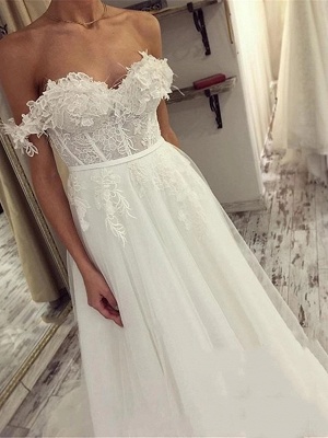 A-Line Wedding Dresses Off Shoulder Sweep \ Brush Train Lace Tulle Short Sleeve Sexy Plus Size_3