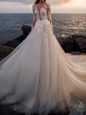 A-Line Wedding Dresses Bateau Neck Court Train Lace Tulle Long Sleeve Formal See-Through Illusion Sleeve_1