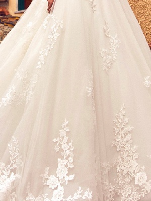 A-Line Jewel Neck Sweep \ Brush Train Lace Tulle 3\4 Length Sleeve Formal Sexy Illusion Sleeve Wedding Dresses_3