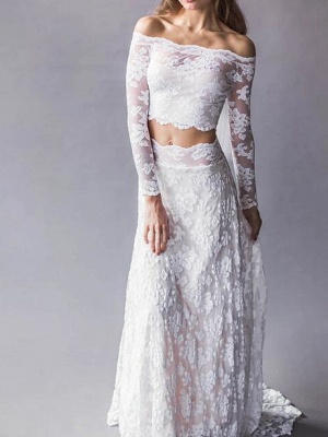 Two Piece Wedding Dresses Off Shoulder Sweep \ Brush Train Lace Long Sleeve Beach Boho Sexy See-Through_1