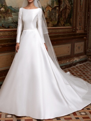 A-Line Wedding Dresses Bateau Neck Sweep \ Brush Train Lace Charmeuse Long Sleeve Formal Simple Plus Size Elegant_1