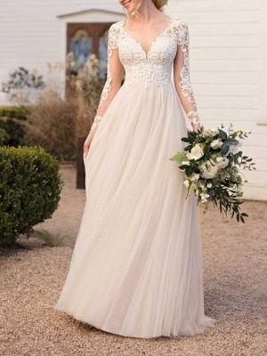 A-Line Wedding Dresses V Neck Floor Length Lace Tulle Long Sleeve Beach Boho See-Through Backless Illusion Sleeve_1