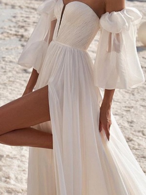 A-Line Wedding Dresses Off Shoulder Strapless Court Train Chiffon Over Satin 3\4 Length Sleeve Sexy_3
