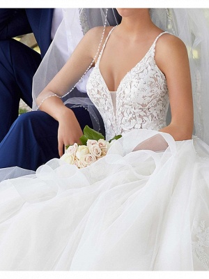A-Line Spaghetti Strap Court Train Polyester Sleeveless Country Plus Size Wedding Dresses_3