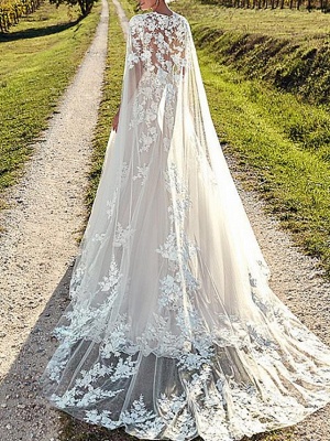 A-Line Wedding Dresses Jewel Neck Sweep \ Brush Train Lace Tulle Cap Sleeve Formal Sexy Backless Cape_2