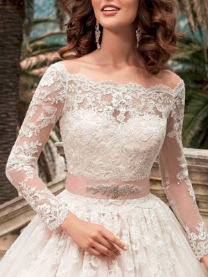 Ball Gown Wedding Dresses Off Shoulder Court Train Lace Long Sleeve Formal_3