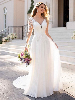 A-Line Wedding Dresses V Neck Chapel Train Chiffon Satin Long Sleeve Romantic Illusion Sleeve_1
