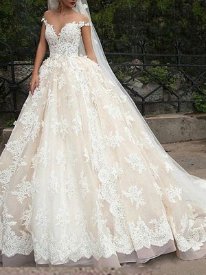 Ball Gown Off Shoulder Court Train Polyester Cap Sleeve Country Plus Size Wedding Dresses_1