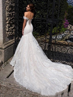 Mermaid \ Trumpet Off Shoulder Court Train Lace Strapless Formal Simple Casual Wedding Dresses_2
