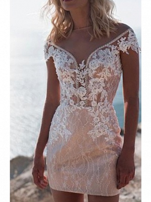A-Line Wedding Dresses Jewel Neck Sweep \ Brush Train Lace Tulle Cap Sleeve_2