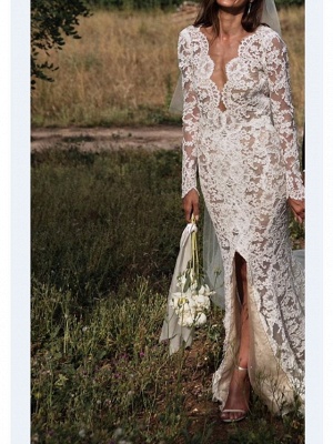 A-Line V Neck Sweep \ Brush Train Lace Long Sleeve Sexy Plus Size Wedding Dresses_1
