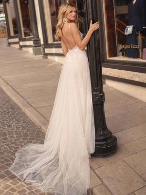 A-Line Wedding Dresses V Neck Court Train Lace Tulle Spaghetti Strap Beach Boho See-Through Backless_4