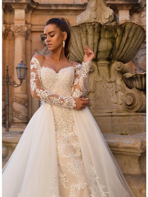 Ball Gown Mermaid \ Trumpet Sweetheart Neckline Court Train Lace Tulle Lace Over Satin Long Sleeve Sexy Plus Size Modern Detachable Wedding Dresses_6