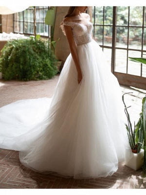 A-Line Wedding Dresses Off Shoulder Court Train Tulle Short Sleeve Plus Size_3