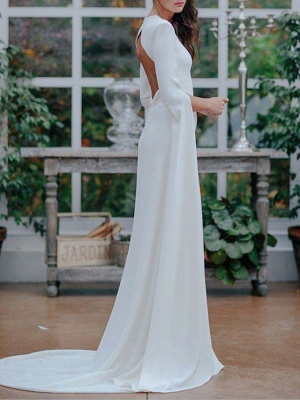A-Line Wedding Dresses Jewel Neck Sweep \ Brush Train Satin Long Sleeve Formal Plus Size_2