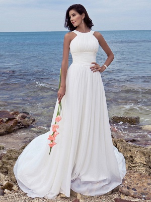 A-Line Wedding Dresses Jewel Neck Sweep \ Brush Train Chiffon Regular Straps Formal Beach Plus Size_5
