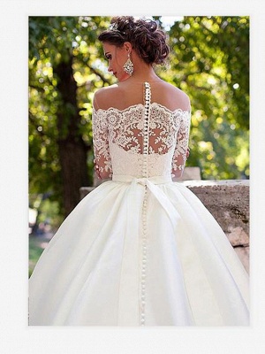 A-Line Wedding Dresses Off Shoulder Court Train Lace Long Sleeve Country Illusion Sleeve_3