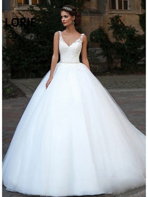 Ball Gown Wedding Dresses V Neck Court Train Lace Tulle Spaghetti Strap Country Illusion Detail Backless_1
