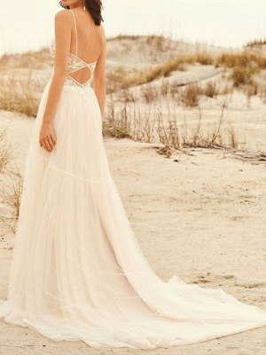 A-Line Wedding Dresses V Neck Sweep \ Brush Train Lace Tulle Spaghetti Strap Illusion Detail Backless_2