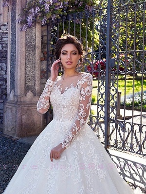 Ball Gown Jewel Neck Court Train Lace Tulle Long Sleeve Plus Size Illusion Sleeve Wedding Dresses_3