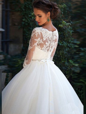 A-Line Wedding Dresses Off Shoulder Court Train Lace Tulle 3\4 Length Sleeve Formal Sexy Illusion Sleeve_4