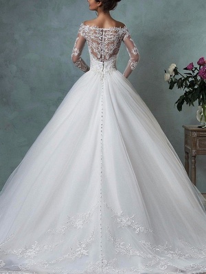A-Line Wedding Dresses Off Shoulder Floor Length Tulle Long Sleeve Formal Plus Size_2