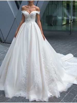 A-Line Wedding Dresses Off Shoulder Court Train Polyester Short Sleeve Country Glamorous Illusion Detail_1
