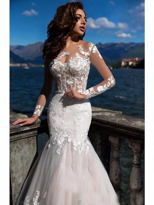 Mermaid \ Trumpet Wedding Dresses Bateau Neck Court Train Lace Tulle Lace Over Satin Long Sleeve Sexy See-Through Backless Illusion Sleeve_3