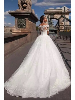 Ball Gown A-Line Wedding Dresses Off Shoulder Court Train Lace Tulle Lace Over Satin Short Sleeve Country Illusion Detail Backless_2