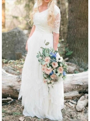A-Line Wedding Dresses V Neck Floor Length Lace Tulle Half Sleeve Country Illusion Sleeve_1