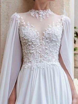 A-Line Wedding Dresses High Neck Court Train Detachable Chiffon Lace Long Sleeve Sexy See-Through_3