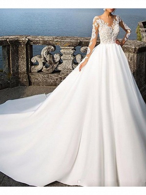A-Line Wedding Dresses V Neck Sweep \ Brush Train Satin Long Sleeve Formal Plus Size Illusion Sleeve_1