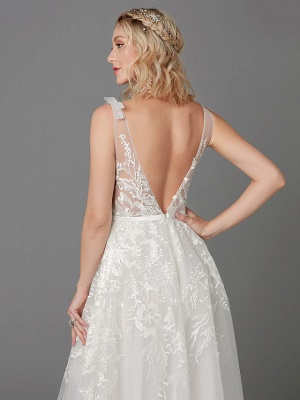 A-Line Wedding Dresses Plunging Neck Floor Length Lace Tulle Sleeveless See-Through_8