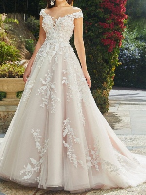 A-Line Wedding Dresses V Neck Chapel Train Lace Tulle Sleeveless Sexy Wedding Dress in Color See-Through_2