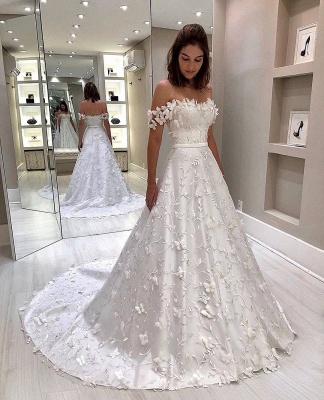 Chicloth Off-the-shoulder Floral Appliqued A-line Wedding Dress_1