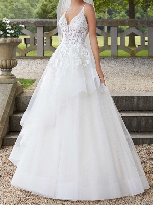 A-Line Spaghetti Strap Court Train Polyester Sleeveless Country Plus Size Wedding Dresses_1