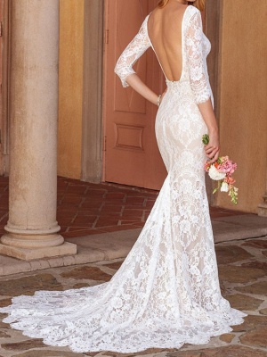 Sheath \ Column V Neck Court Train Lace Half Sleeve Country Wedding Dress in Color Wedding Dresses_2