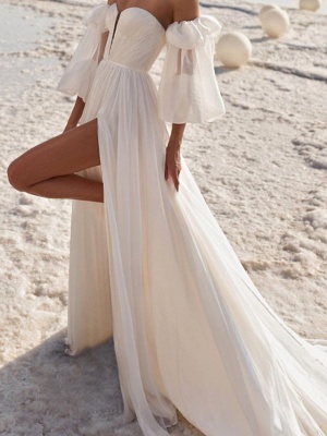 A-Line Wedding Dresses Off Shoulder Strapless Court Train Chiffon Over Satin 3\4 Length Sleeve Sexy_2
