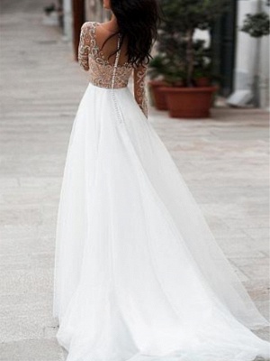 A-Line Wedding Dresses V Neck Floor Length Tulle Long Sleeve Romantic Beach Boho See-Through Illusion Sleeve_2
