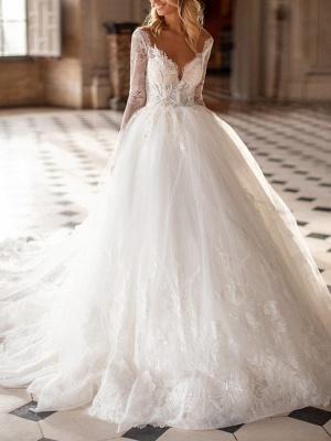 A-Line V Neck Court Train Lace Tulle Long Sleeve Plus Size Illusion Sleeve Wedding Dresses_3